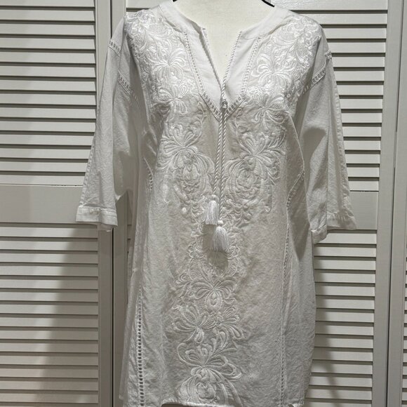 Chico’s White Sheer Embroidered Tunic Blouse Size 3 (16/18) Tassel Tie Beach Cov - Picture 3 of 9